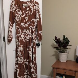 Anthropologie Orange-Brown and White Floral Long Sleeve Dress